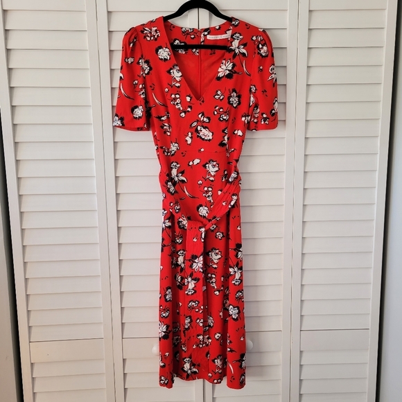 Veronica Beard Joia Red Multi Floral Print V-Neck Belted Midi Dress Size 2 - XS - Picture 4 of 15